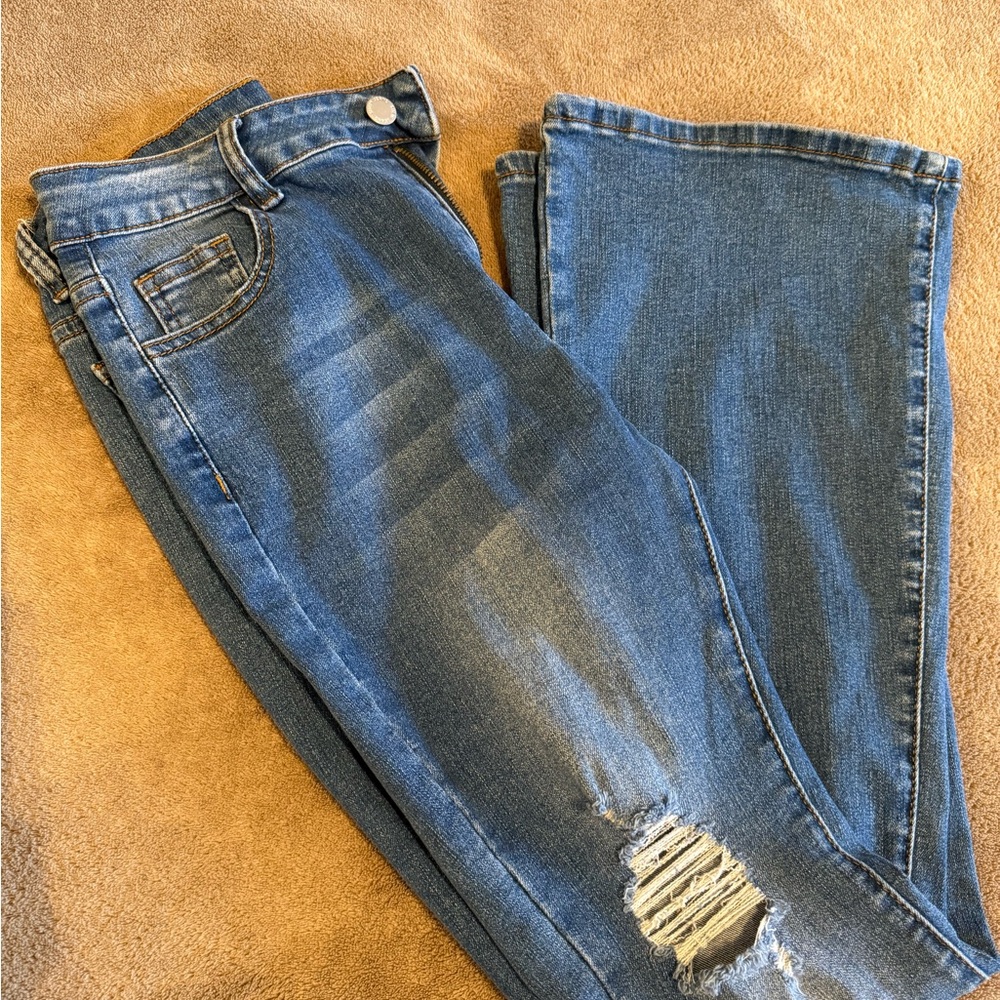 SHEIN Blue Distressed Flare Jeans